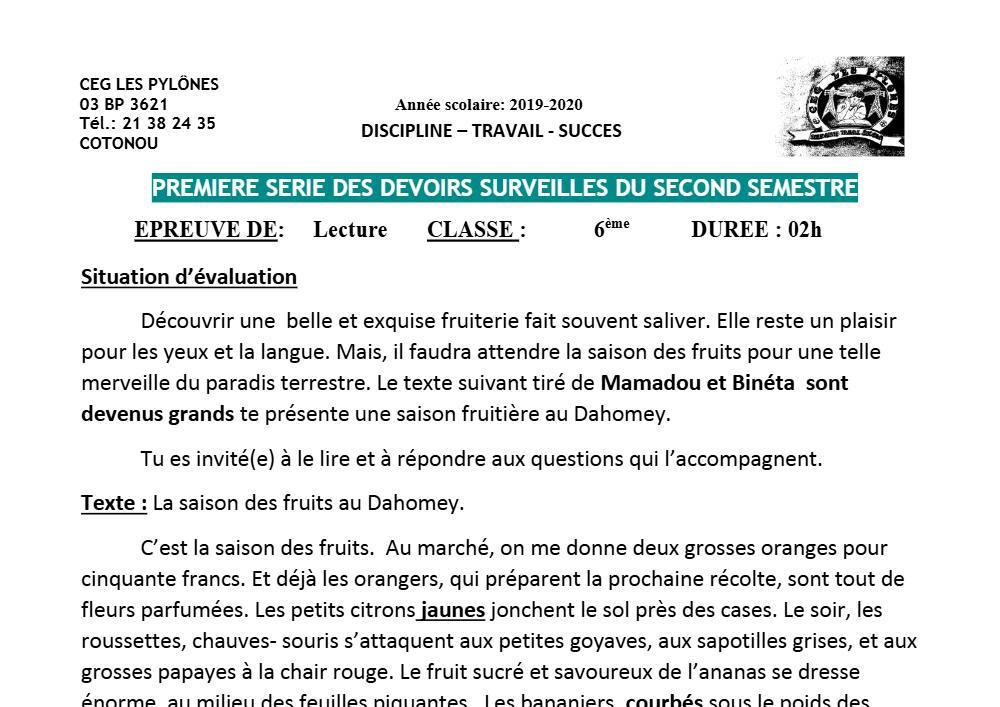 Aperçu de la première page — Lecture 6e Devoir 1 Semestre 2 CEG Les Pylônes 2019 2020