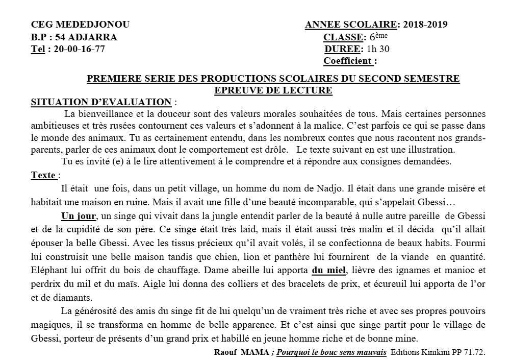 Aperçu de la première page — Lecture 6e Devoir 1 Semestre 2 CEG Mededjonou 2018 2019