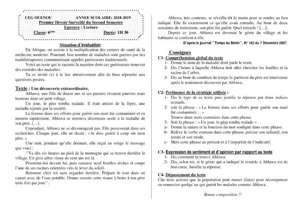 Aperçu de la première page — Lecture 6e Devoir 1 Semestre 2 CEG Ouenou 2018 2019