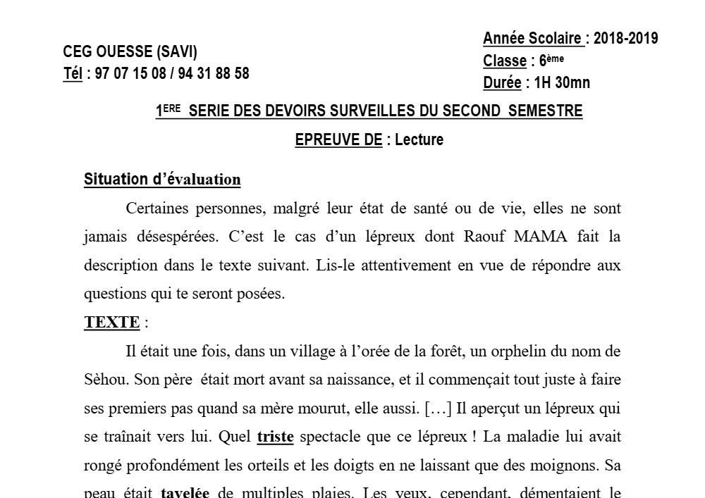 Aperçu de la première page — Lecture 6e Devoir 1 Semestre 2 CEG Ouesse 2018 2019