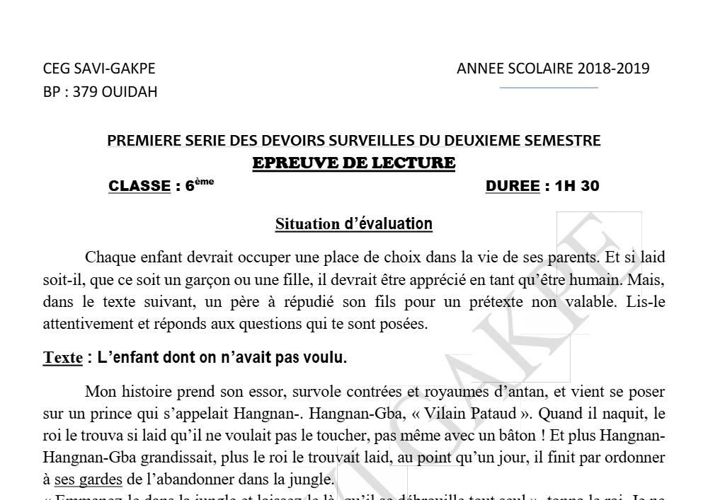 Aperçu de la première page — Lecture 6e Devoir 1 Semestre 2 CEG Savi Gakpe 2018 2019