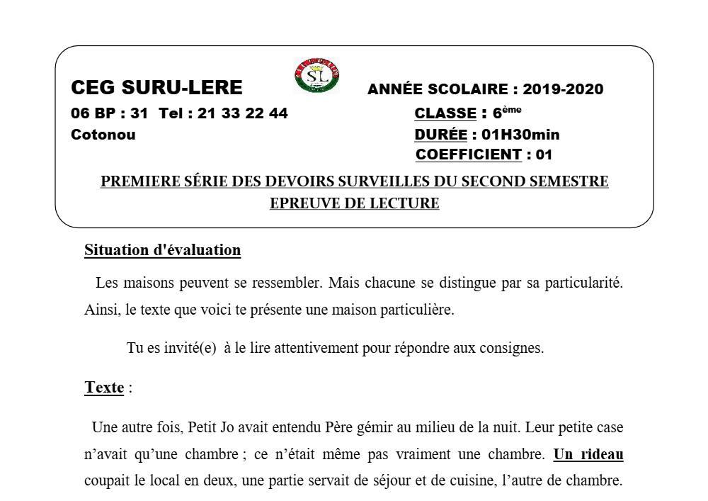 Aperçu de la première page — Lecture 6e Devoir 1 Semestre 2 CEG Suru Léré 2019 2020