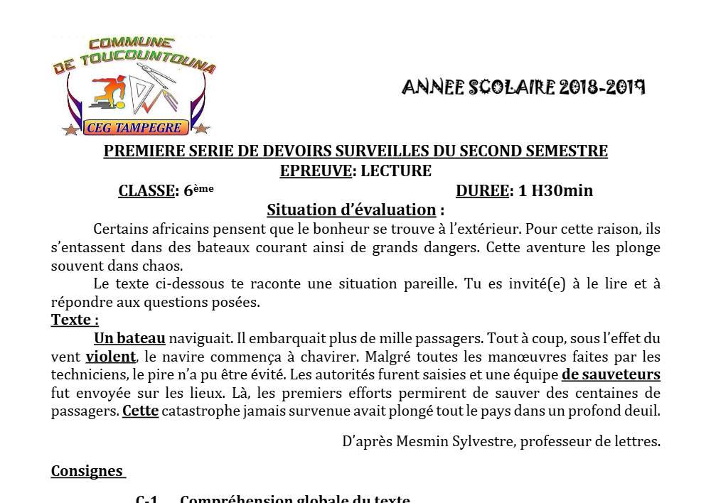 Aperçu de la première page — Lecture 6e Devoir 1 Semestre 2 CEG Tampegre 2018 2019
