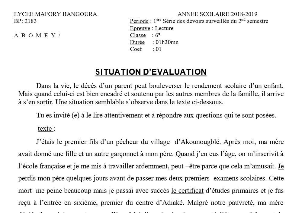 Aperçu de la première page — Lecture 6e Devoir 1 Semestre 2 Lycée Mafory Bangoura 2018 2019
