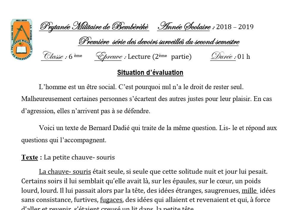 Aperçu de la première page — Lecture 6e Devoir 1 Semestre 2 Prytanee Militaire de Bembereke 2018 2019
