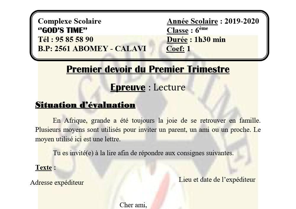 Aperçu de la première page — Lecture 6e Devoir 1 Trimestre 1 CS God'S Time 2019 2020
