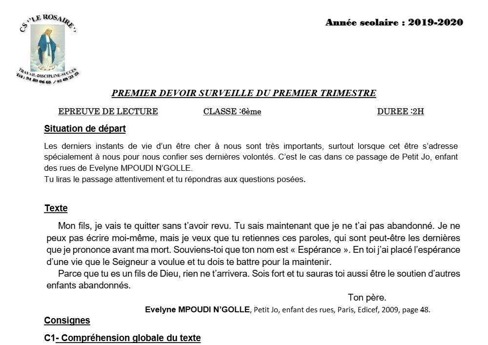 Aperçu de la première page — Lecture 6e Devoir 1 Trimestre 1 CS Le Rosaire 2019 2020