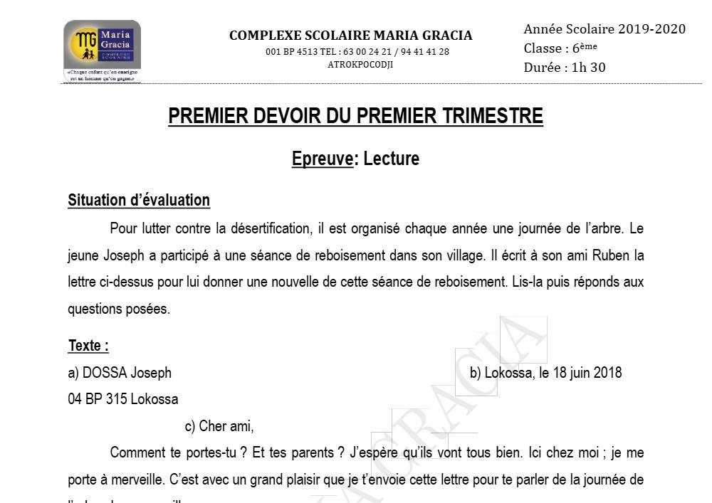 Aperçu de la première page — Lecture 6e Devoir 1 Trimestre 1 CS Maria Gracia 2019 2020