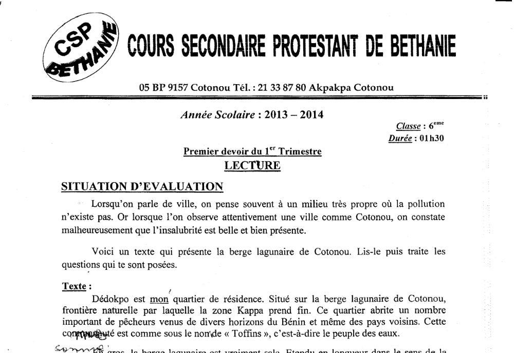Aperçu de la première page — Lecture 6e Devoir 1 Trimestre 1 CSP Béthanie 2014