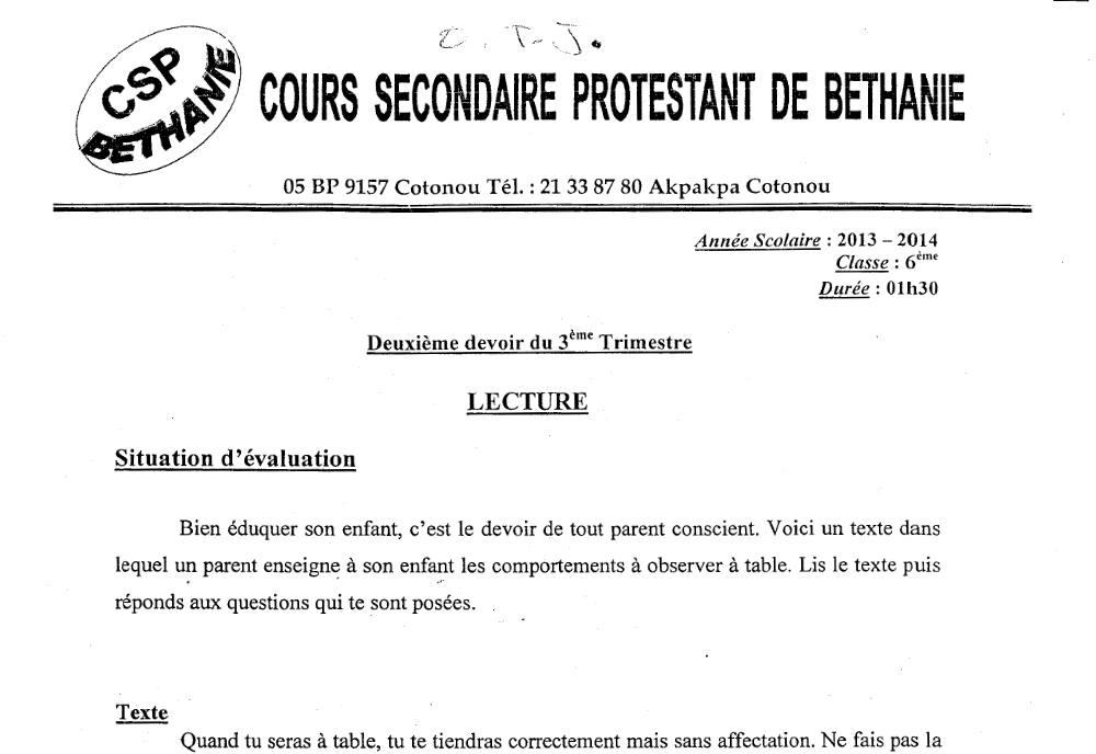 Aperçu de la première page — Lecture 6e Devoir 2 CSP Béthanie 3èm 2014