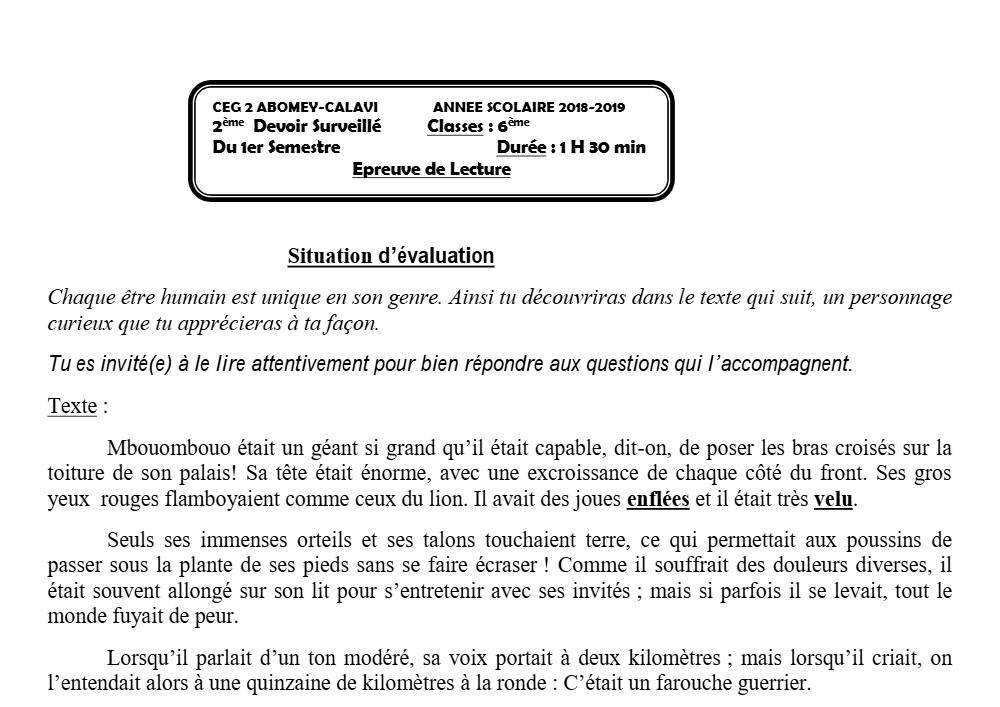 Aperçu de la première page — Lecture 6e Devoir 2 Semestre 1 CEG2 Abomey Calavi 2018 2019