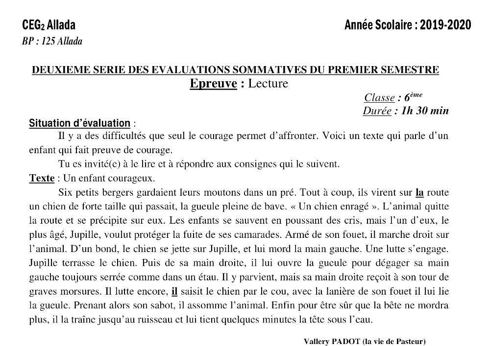 Aperçu de la première page — Lecture 6e Devoir 2 Semestre 1 CEG2 Allada 2019 2020