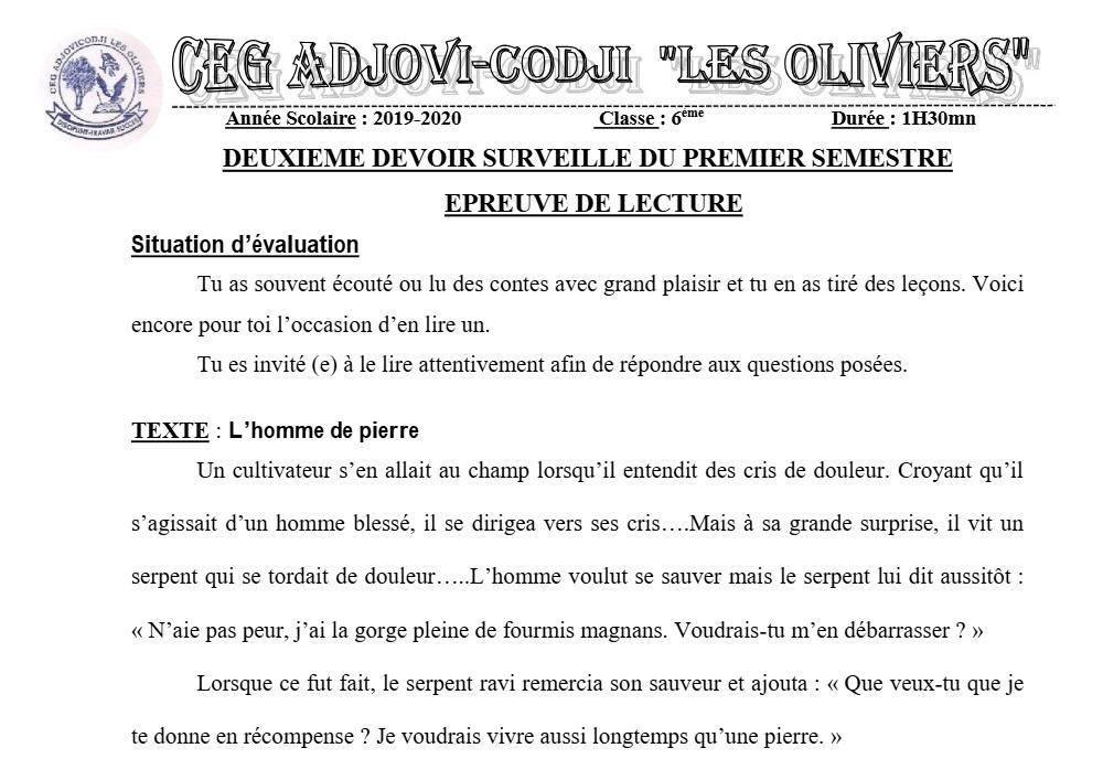 Aperçu de la première page — Lecture 6e Devoir 2 Semestre 1 CEG Adjovi Codji 2019 2020