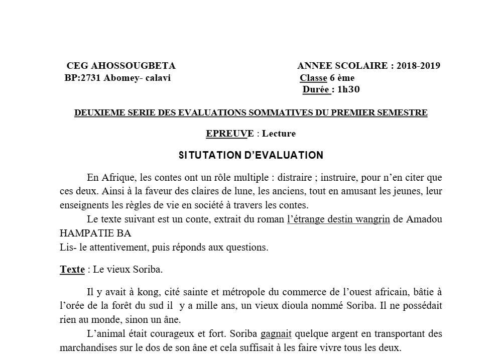 Aperçu de la première page — Lecture 6e Devoir 2 Semestre 1 CEG Ahossougbéta 2018 2019
