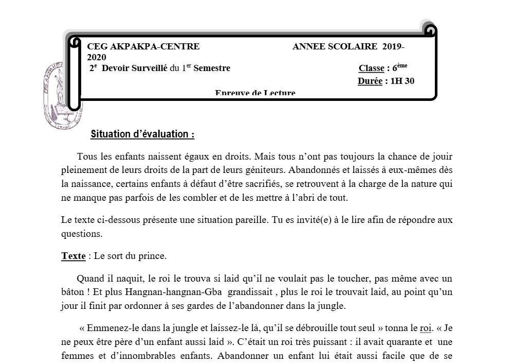 Aperçu de la première page — Lecture 6e Devoir 2 Semestre 1 CEG Akpakpa 2019 2020