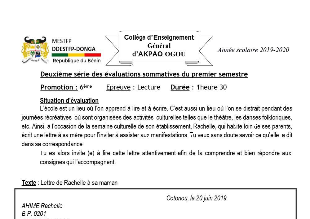 Aperçu de la première page — Lecture 6e Devoir 2 Semestre 1 CEG Akpao Ogou 2019 2020