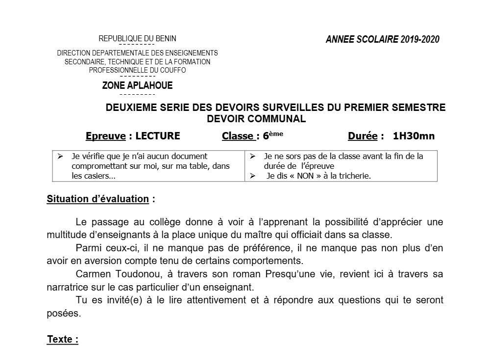 Aperçu de la première page — Lecture 6e Devoir 2 Semestre 1 CEG Aplahoué 2019 2020