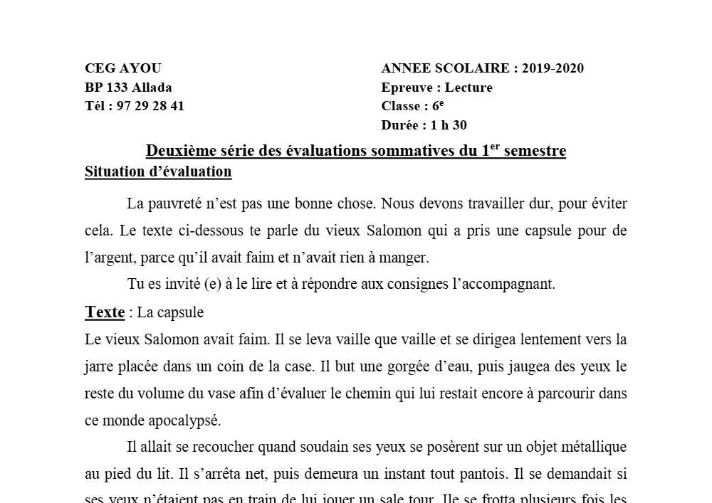 Aperçu de la première page — Lecture 6e Devoir 2 Semestre 1 CEG Ayou 2019 2020