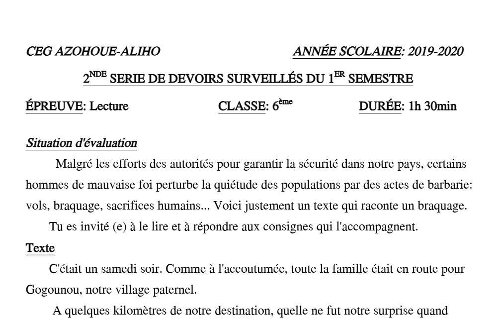 Aperçu de la première page — Lecture 6e Devoir 2 Semestre 1 CEG Azohoue Aliho 2019 2020