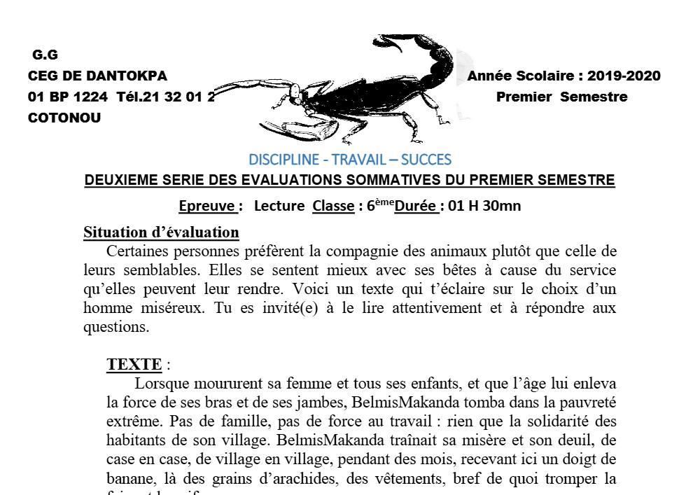 Aperçu de la première page — Lecture 6e Devoir 2 Semestre 1 CEG Dantokpa 2019 2020 (2)