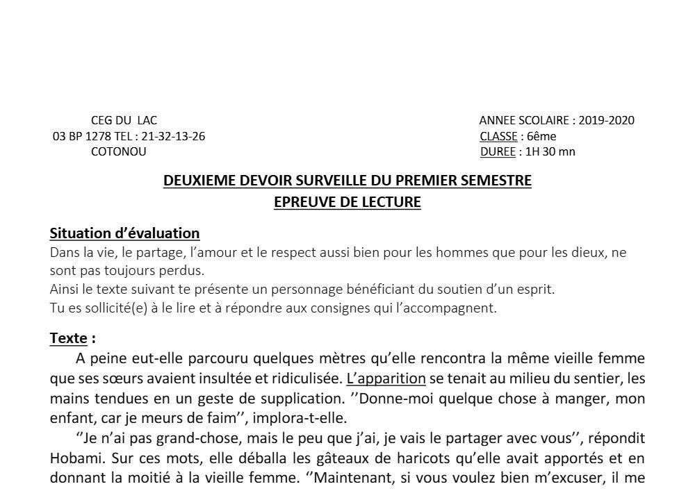 Aperçu de la première page — Lecture 6e Devoir 2 Semestre 1 CEG du Lac 2019 2020