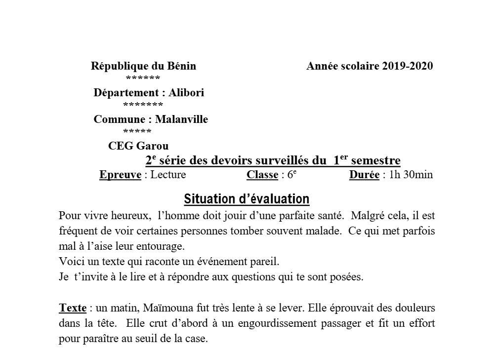 Aperçu de la première page — Lecture 6e Devoir 2 Semestre 1 CEG Garou 2019 2020