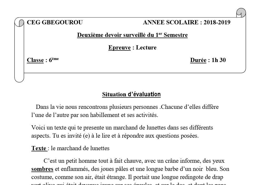 Aperçu de la première page — Lecture 6e Devoir 2 Semestre 1 CEG Gbegourou 2018 2019