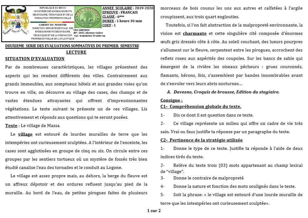 Aperçu de la première page — Lecture 6e Devoir 2 Semestre 1 CEG Gbessou 2019 2020