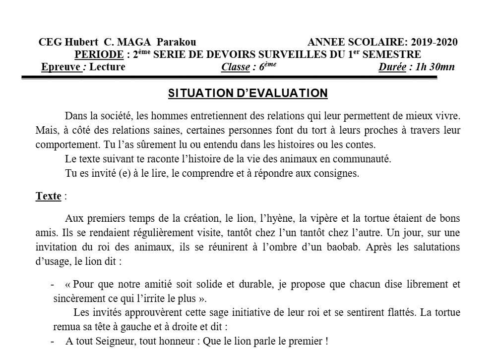 Aperçu de la première page — Lecture 6e Devoir 2 Semestre 1 CEG Hubert C Maga 2019 2020