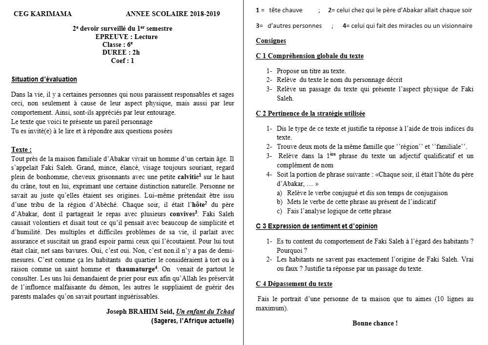 Aperçu de la première page — Lecture 6e Devoir 2 Semestre 1 CEG Karimama 2018 2019