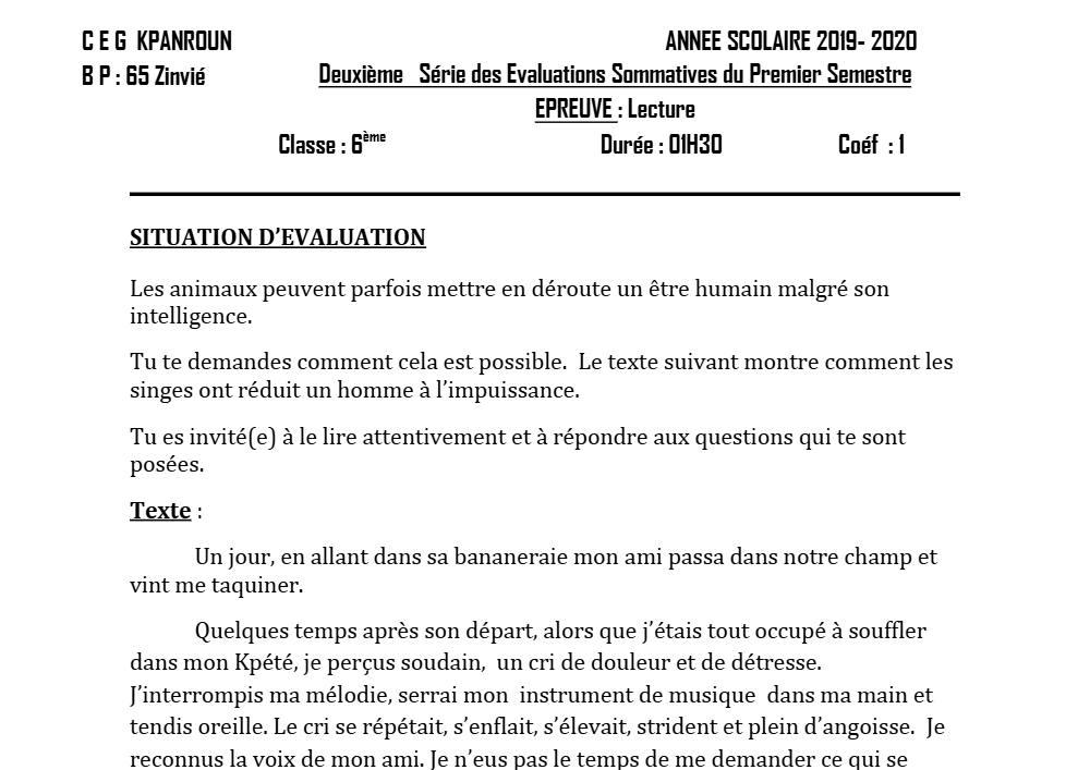 Aperçu de la première page — Lecture 6e Devoir 2 Semestre 1 CEG Kpanroun 2019 2020