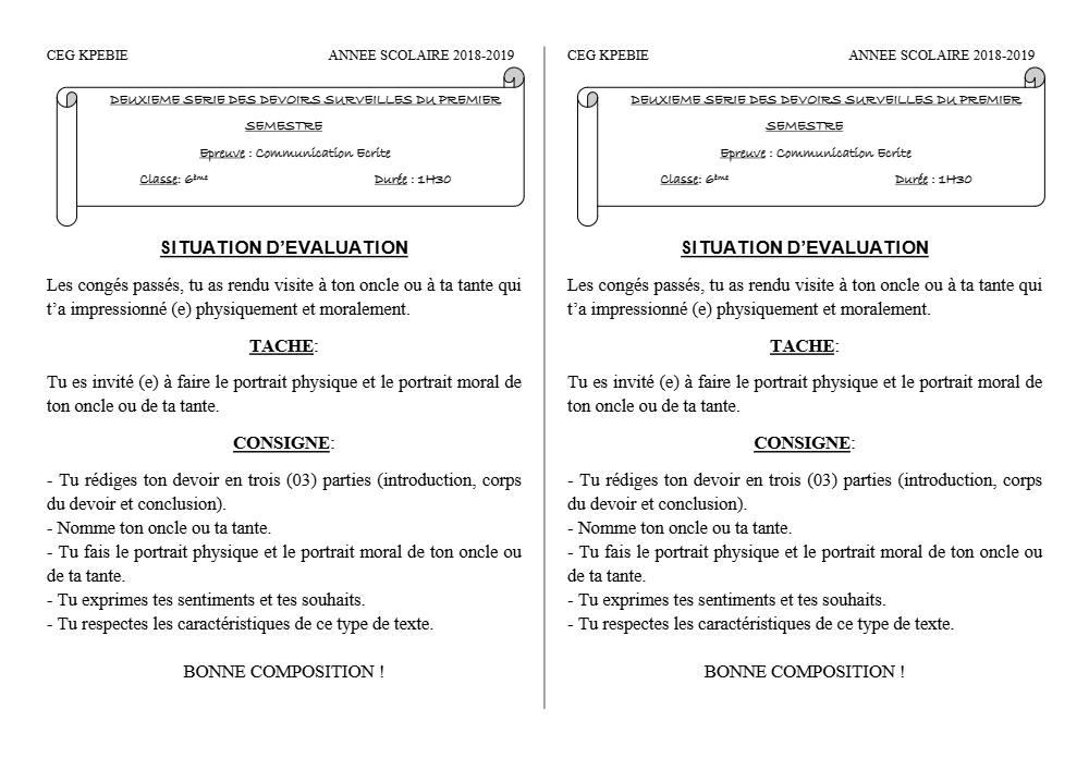Aperçu de la première page — Lecture 6e Devoir 2 Semestre 1 CEG Kpebie 2018 2019