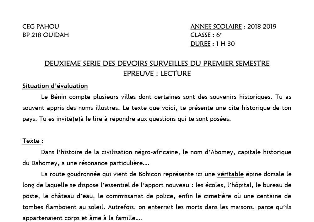 Aperçu de la première page — Lecture 6e Devoir 2 Semestre 1 CEG Pahou 2018 2019