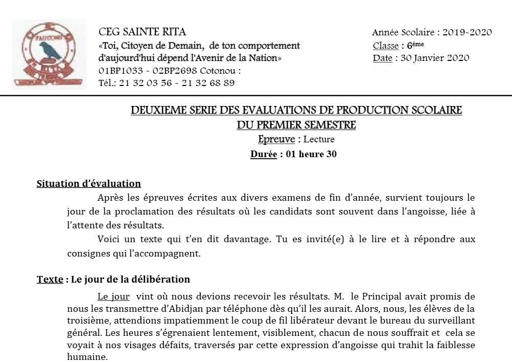 Aperçu de la première page — Lecture 6e Devoir 2 Semestre 1 CEG Sainte Rita 2019 2020
