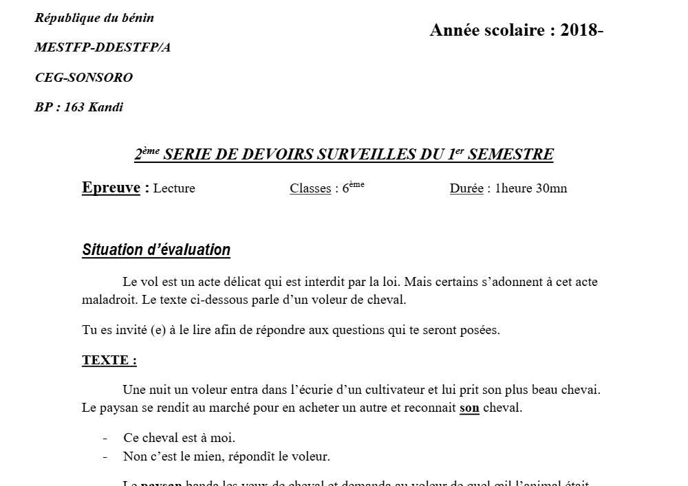 Aperçu de la première page — Lecture 6e Devoir 2 Semestre 1 CEG Sonsoro 2018 2019