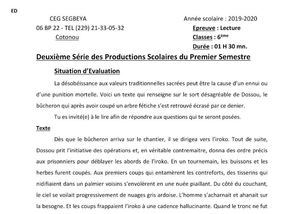 Aperçu de la première page — Lecture 6e Devoir 2 Semestre 1 CEG Ségbéya 2019 2020