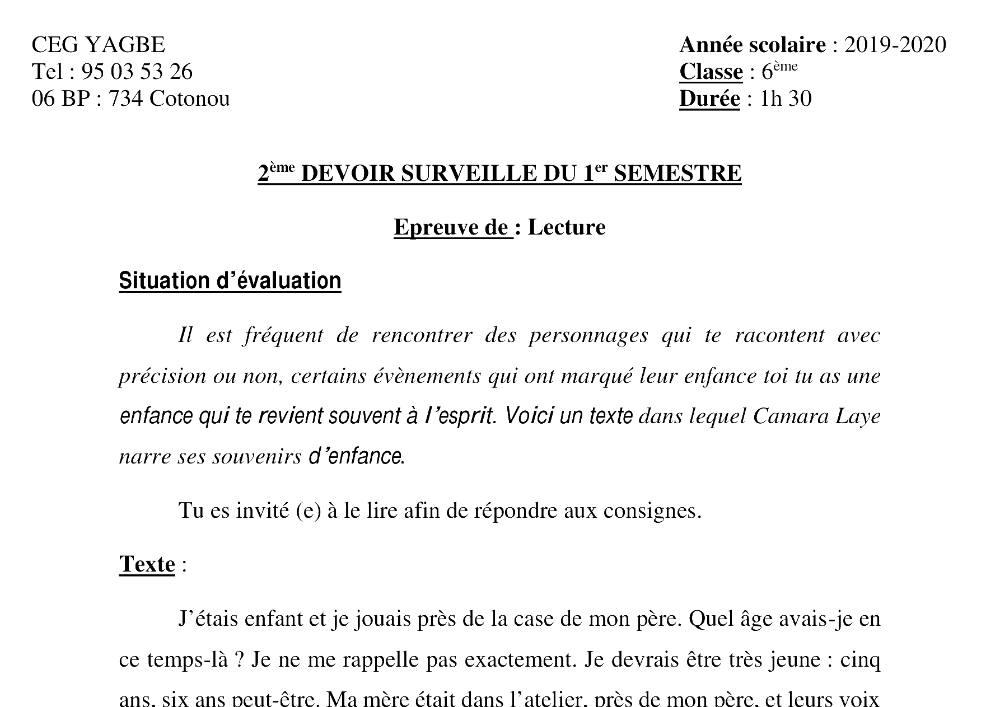 Aperçu de la première page — Lecture 6e Devoir 2 Semestre 1 CEG Yagbe 2019 2020