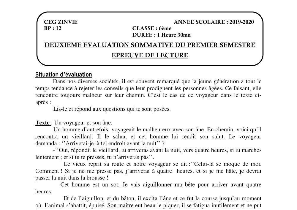 Aperçu de la première page — Lecture 6e Devoir 2 Semestre 1 CEG Zinvié 2019 2020