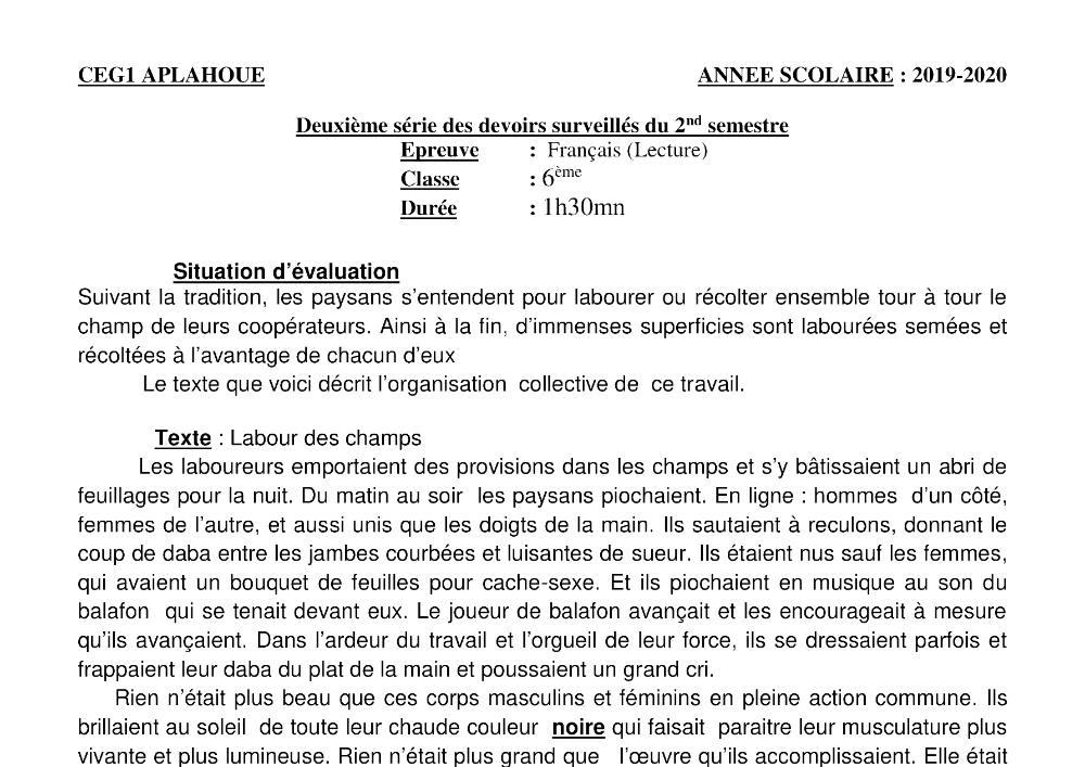 Aperçu de la première page — Lecture 6e Devoir 2 Semestre 2 CEG1 Aplahoué 2019 2020