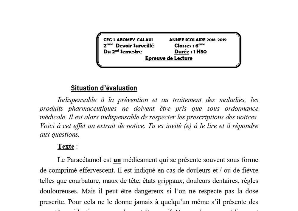 Aperçu de la première page — Lecture 6e Devoir 2 Semestre 2 CEG2 Abomey Calavi 2018 2019