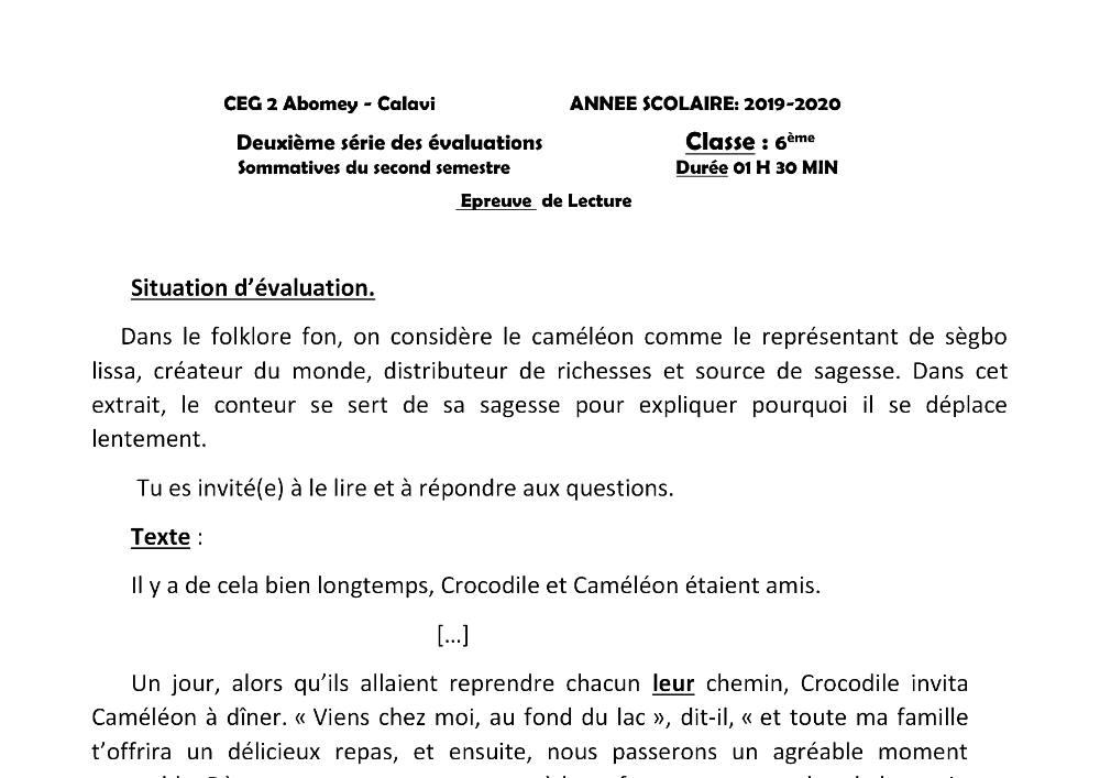 Aperçu de la première page — Lecture 6e Devoir 2 Semestre 2 CEG2 Abomey Calavi 2019 2020