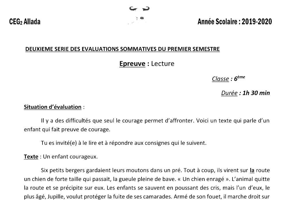 Aperçu de la première page — Lecture 6e Devoir 2 Semestre 2 CEG2 Allada 2019 2020