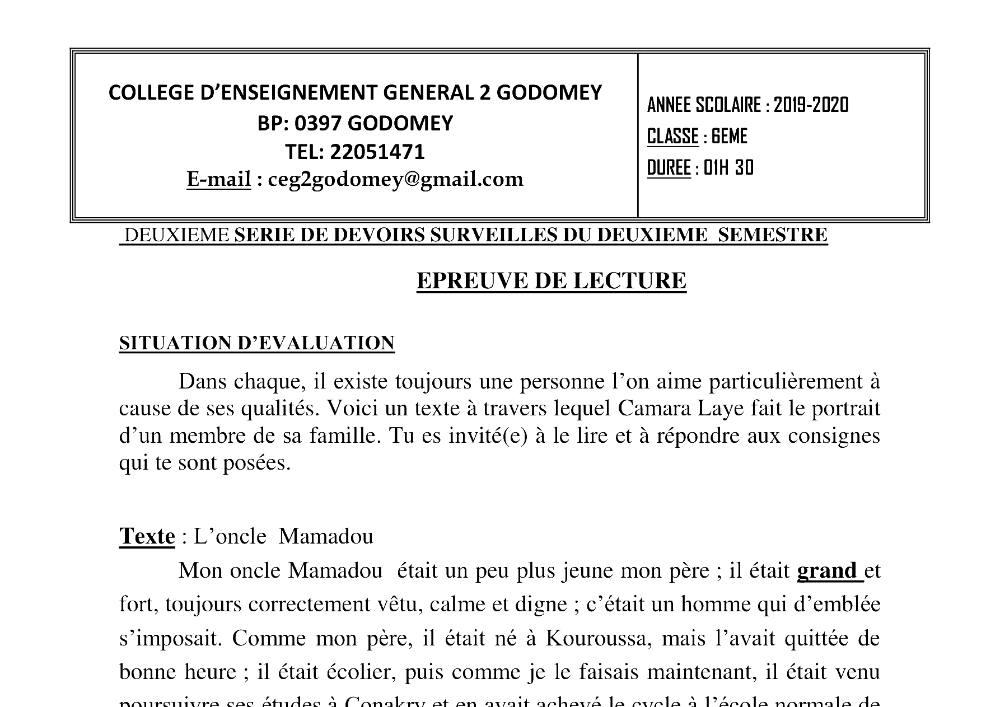 Aperçu de la première page — Lecture 6e Devoir 2 Semestre 2 CEG2 Godomey 2019 2020