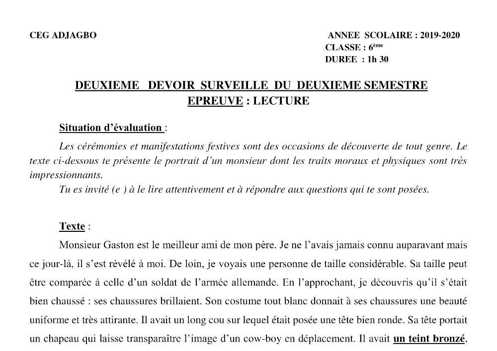 Aperçu de la première page — Lecture 6e Devoir 2 Semestre 2 CEG Adjagbo 2019 2020