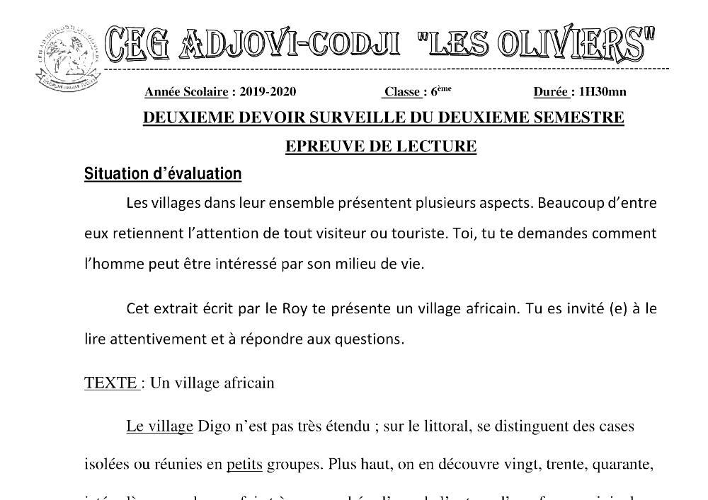 Aperçu de la première page — Lecture 6e Devoir 2 Semestre 2 CEG Adjovi Codji 2019 2020