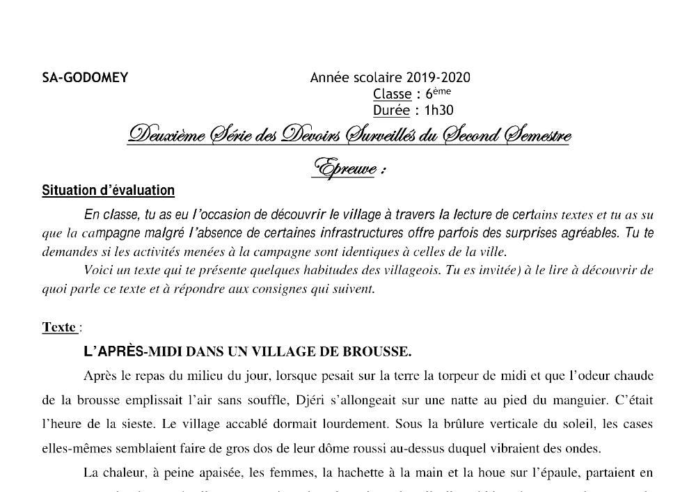 Aperçu de la première page — Lecture 6e Devoir 2 Semestre 2 CEG Agassa Godomey 2019 2020