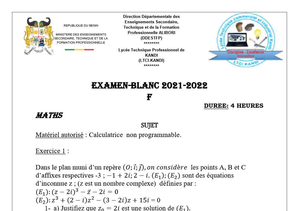 Aperçu de la première page — F3 F4 - Examen blanc Terminale (Tle) - Maths gene