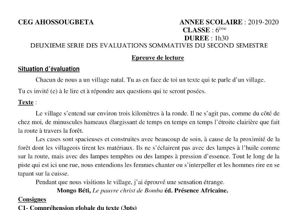 Aperçu de la première page — Lecture 6e Devoir 2 Semestre 2 CEG Ahossougbéta 2019 2020