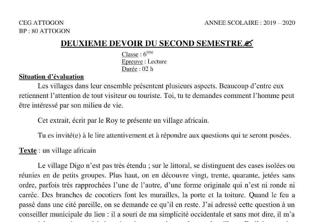 Aperçu de la première page — Lecture 6e Devoir 2 Semestre 2 CEG Attogon 2019 2020