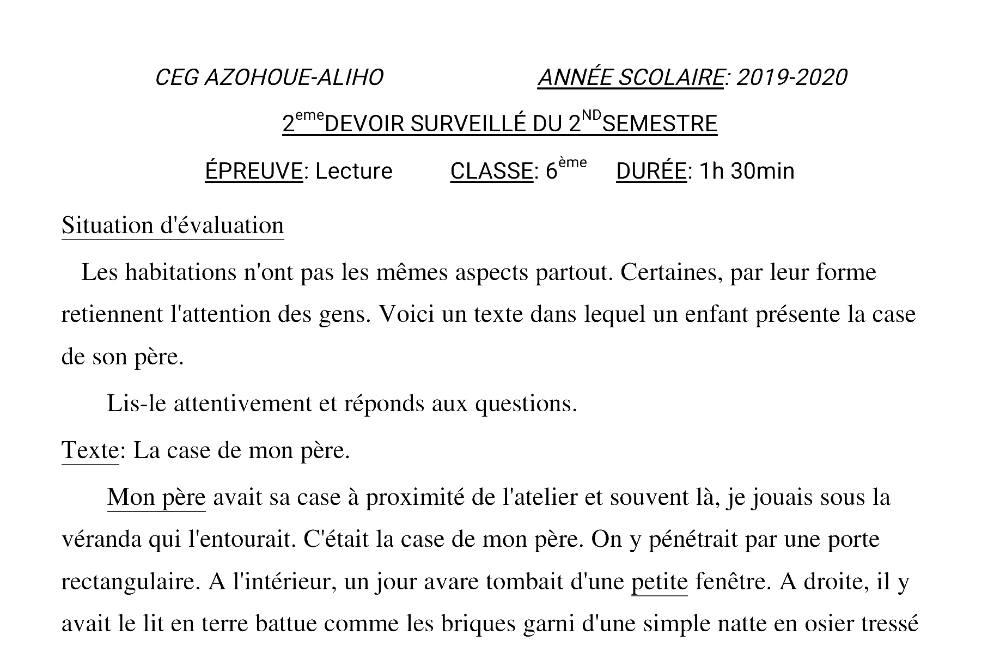 Aperçu de la première page — Lecture 6e Devoir 2 Semestre 2 CEG Azohoue Aliho 2019 2020